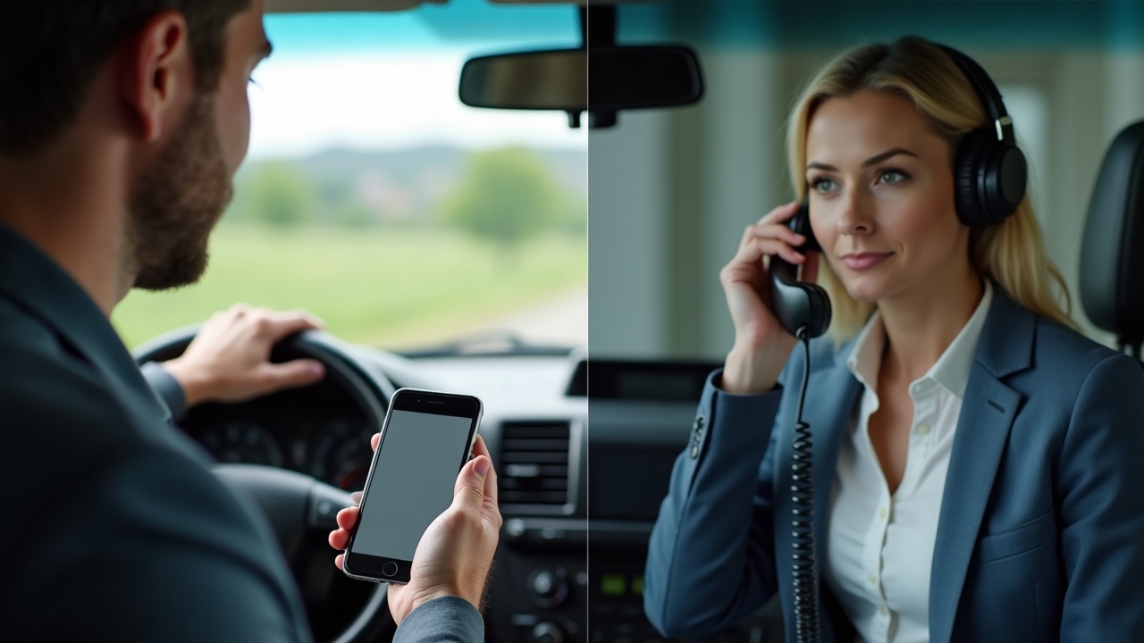 Split-screen comparison: one side showing a phone ringing unanswered on a truck dashboard, the other showing a professional office setup with someone answering the phone immediately