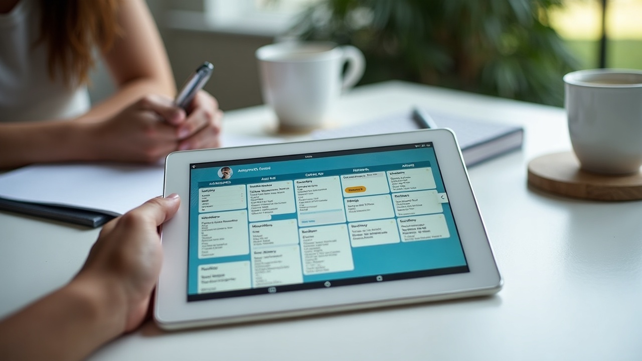 Calendar view on a tablet showing a fully booked week of pool cover appointments, with a coffee cup and notepad nearby suggesting organized office work