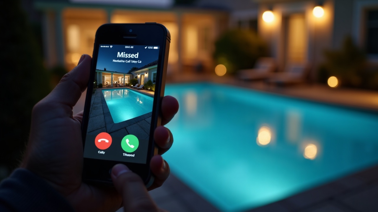 Split-screen comparison showing a missed call notification on a phone at night on one side, and a signed pool repair contract on the other side