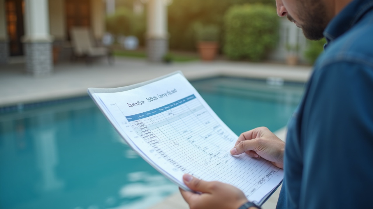 A pool service company owner reviewing a weekly schedule filled with structural repair jobs, with evening timestamps visible on call logs