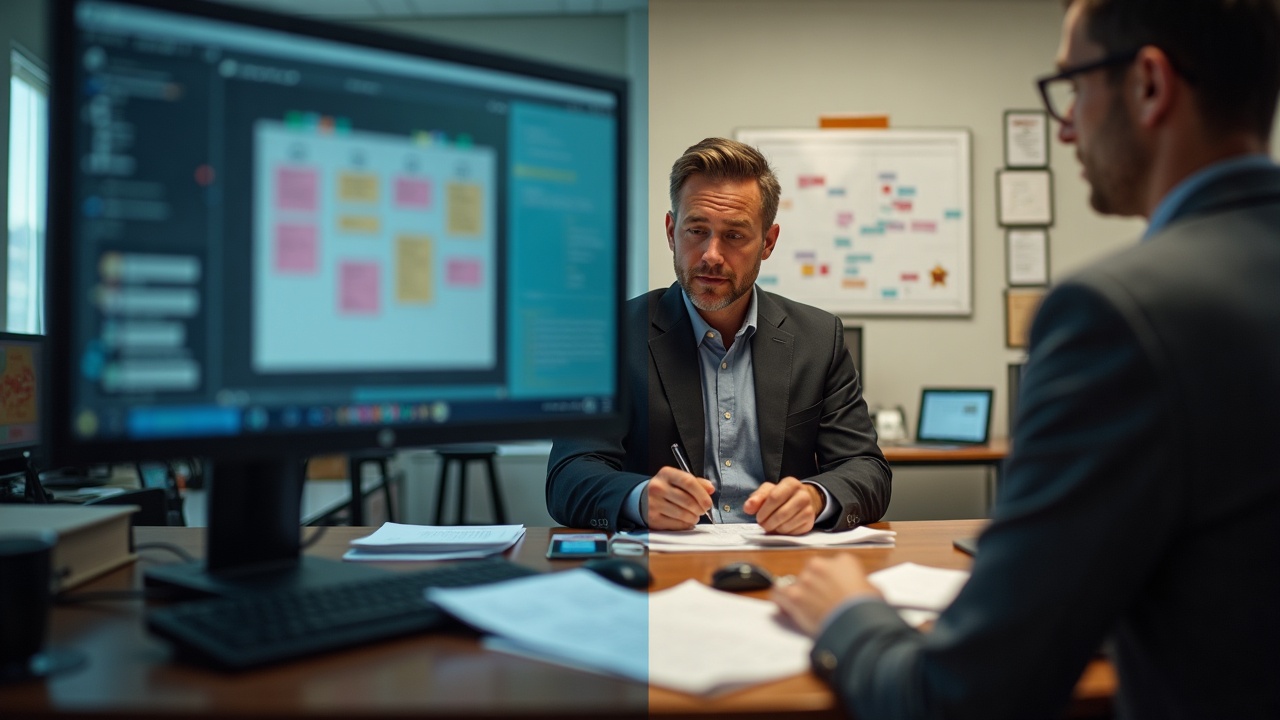 Split-screen comparison showing a disorganized office desk with scattered lead forms and missed calls versus a professional team managing calls with organized scheduling boards