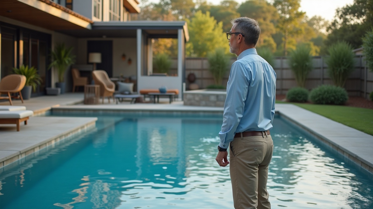 Luxury custom pool mid-construction with a professional consultation happening in the foreground, showing the white-glove customer experience