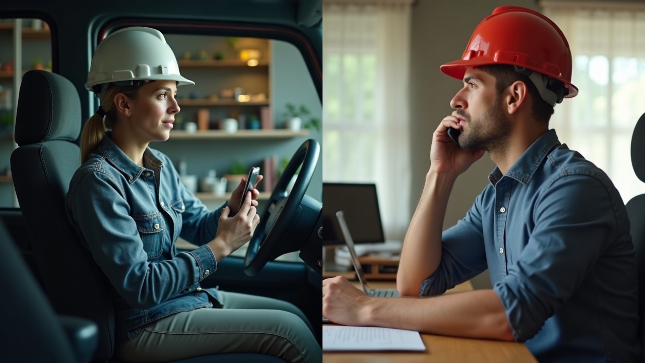 Split screen comparison showing cluttered contractor truck cab with missed call notifications on phone versus organized office desk with call being answered professionally, highlighting the response gap
