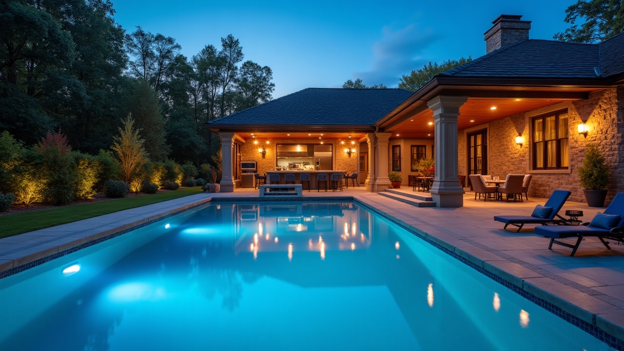 Elegant completed custom swimming pool at dusk with lighting, outdoor kitchen, and happy family in background, representing the high-value outcome of successfully closed custom pool projects