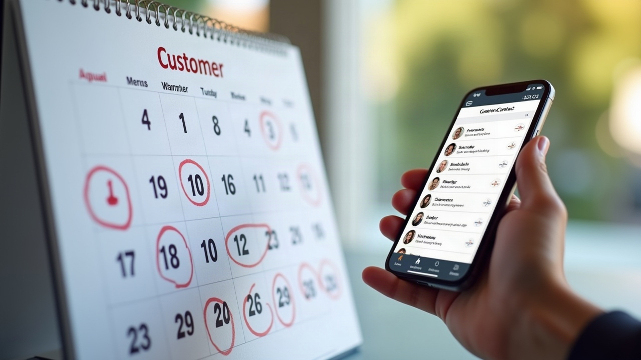 Calendar marked with customer touchpoint dates and phone with customer contact list, representing the planned communication schedule