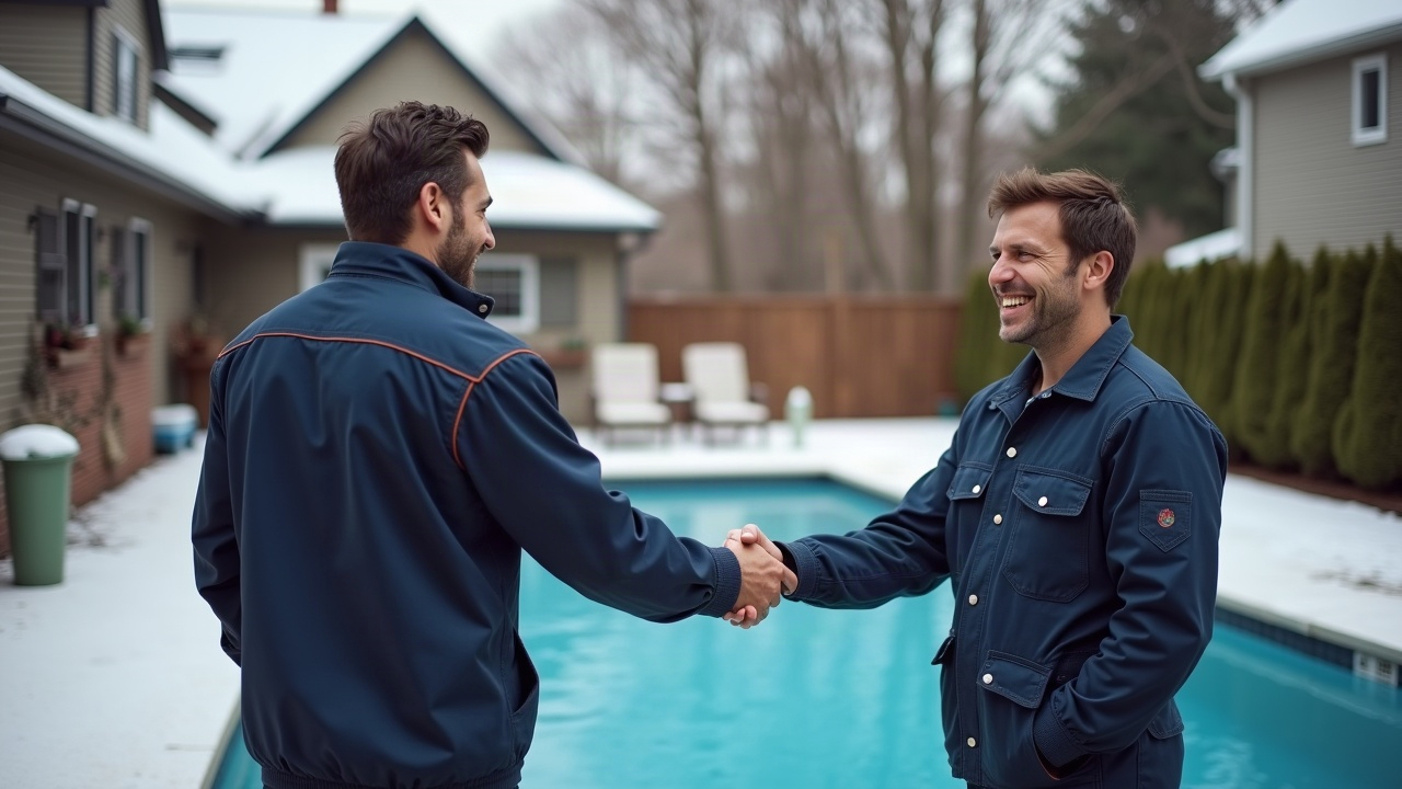 Pool service technician shaking hands with homeowner in winter setting, representing maintained customer relationships during off-season
