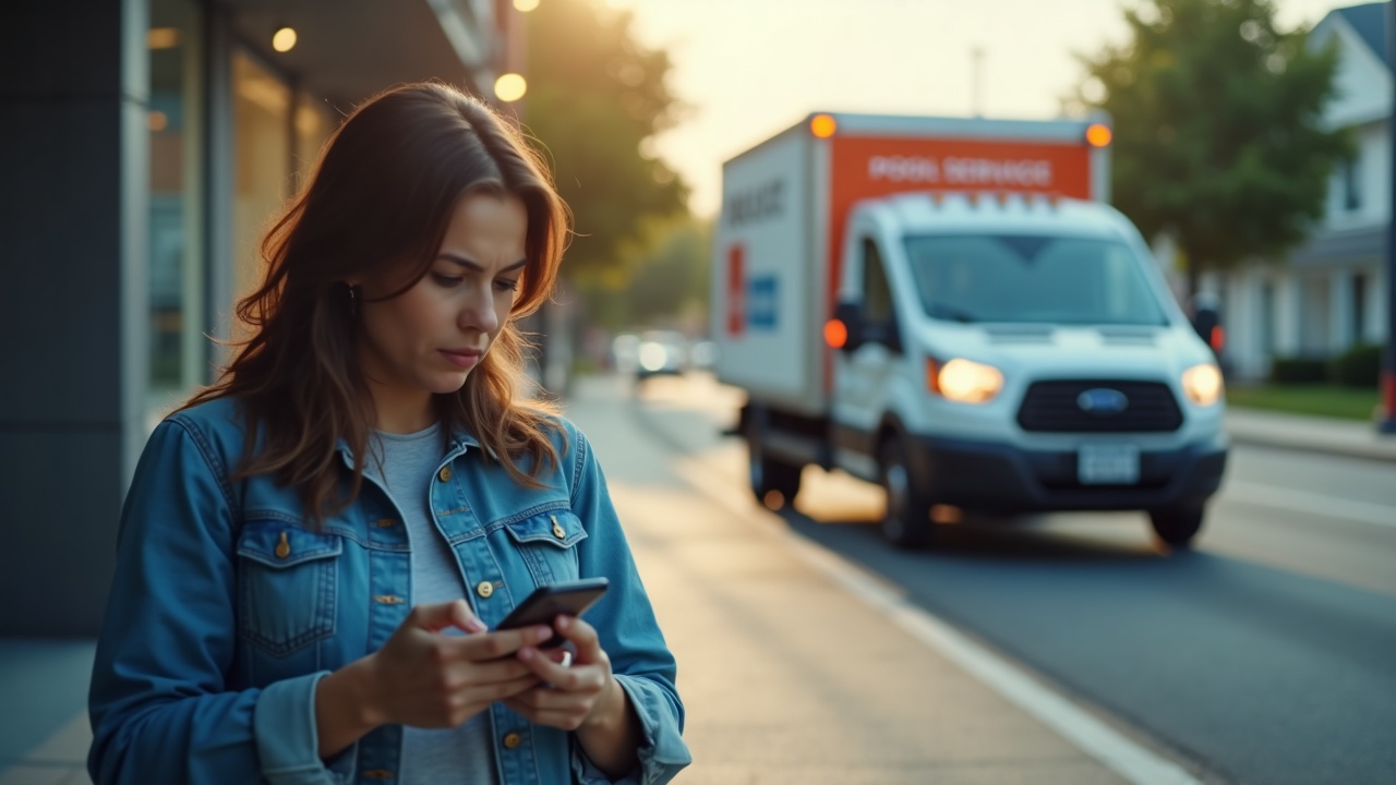A split-screen showing a frustrated customer looking at their phone on one side, and a pool service truck driving away on the other, illustrating the disconnect between service completion and follow-up