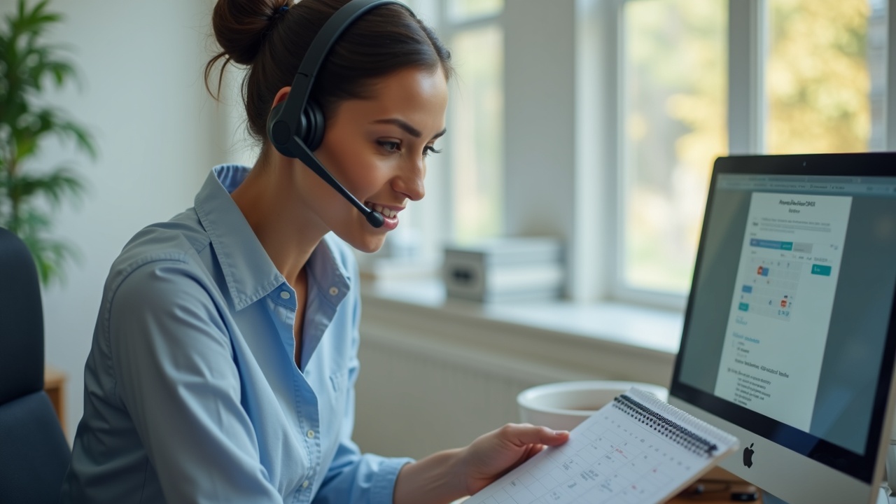 A professional office team member on a headset booking an appointment while looking at a scheduling calendar, representing proactive follow-up and customer engagement