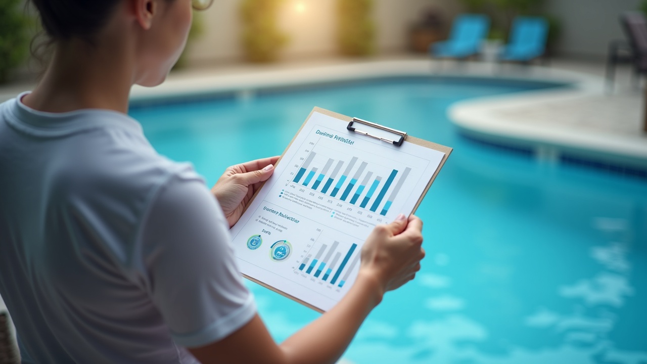 Pool service business owner reviewing customer retention dashboard showing year-over-year retention rates and revenue impact