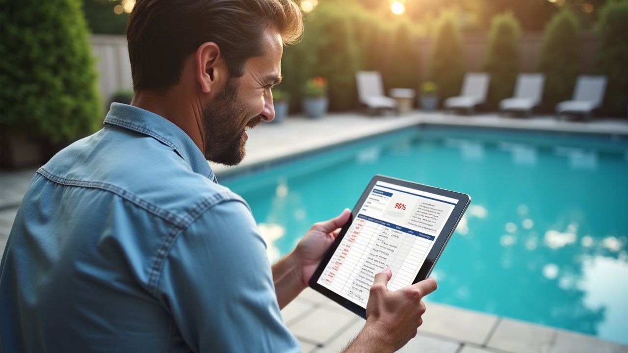 A satisfied pool service business owner reviewing a retention report showing 90%+ client retention rate, with a full schedule visible on a tablet