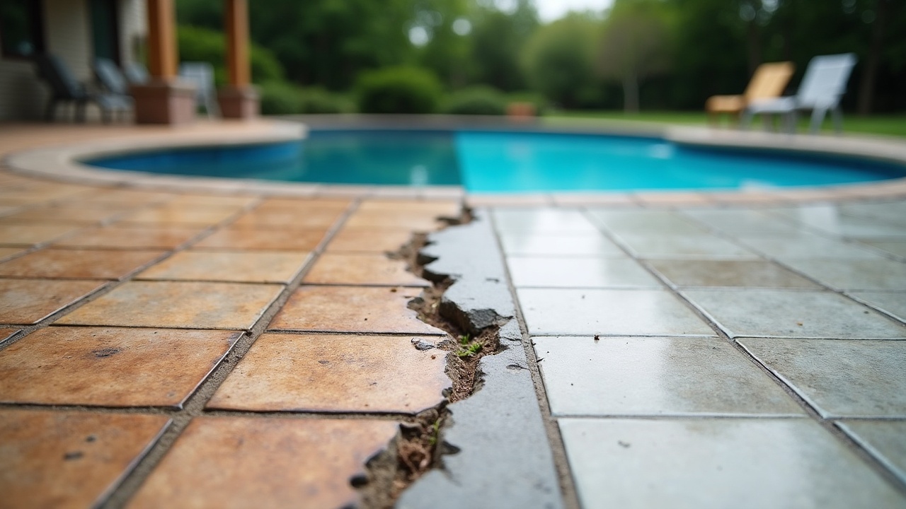 A before-and-after split image showing a damaged pool deck on the left and a freshly repaired stamped concrete deck on the right