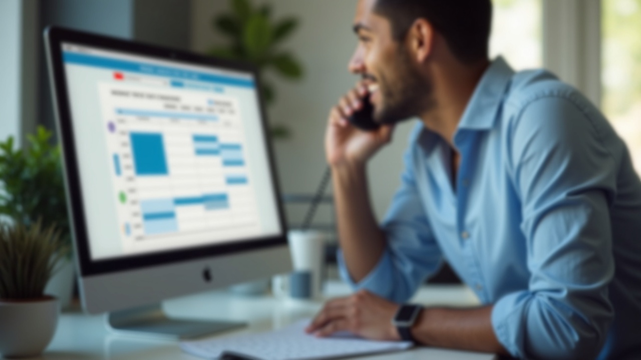 A professional team member at a desk answering a phone call with a pool service company calendar visible on a computer screen