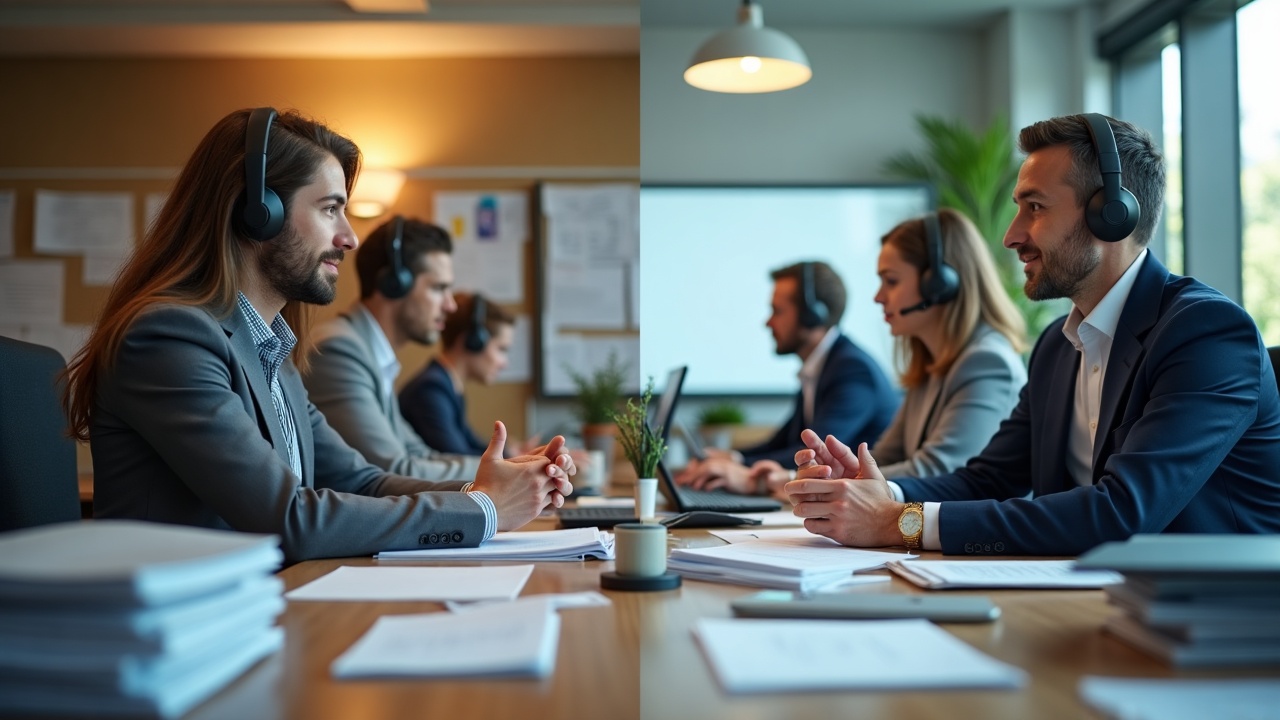 Split-screen comparison showing a cluttered office desk with ringing phone and stacked papers on one side, and an organized team workspace with headset-wearing professionals on the other