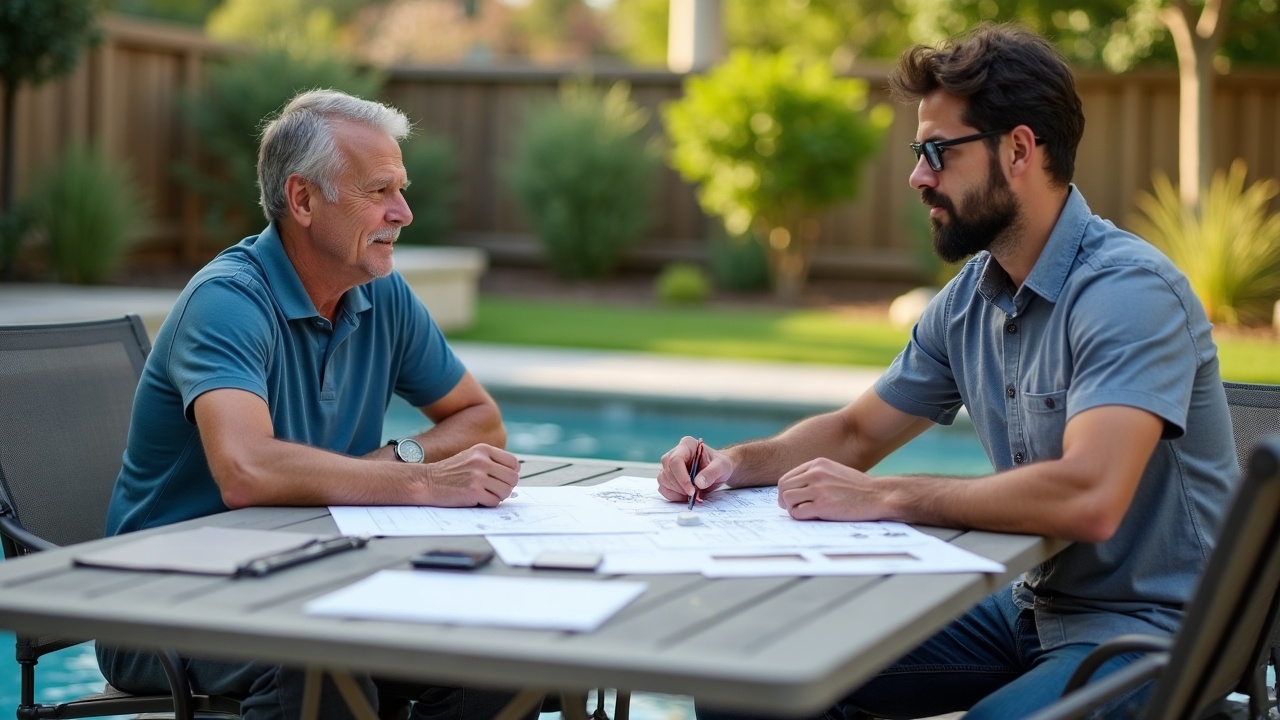 A professional pool estimator meeting with homeowners at a patio table overlooking their backyard, with design drawings and material samples spread out