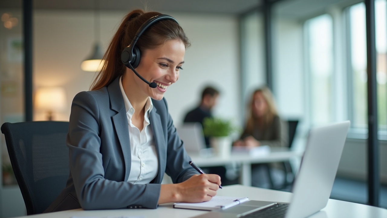 A professional office team member wearing a headset, smiling while taking notes during a phone call, with a modern office environment in the background