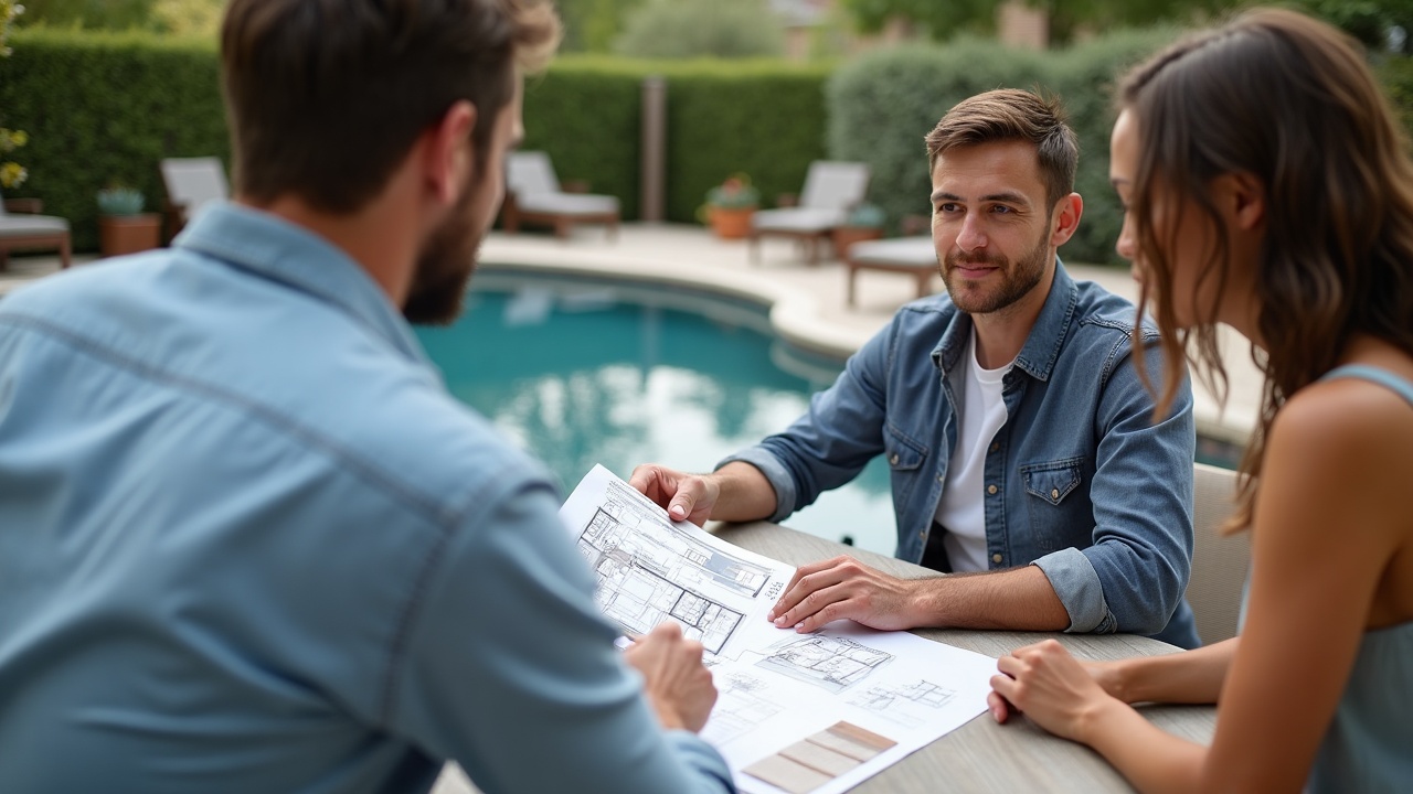 A pool designer sitting at a patio table with homeowners, reviewing design sketches and material samples, with an empty backyard visible behind them ready for construction