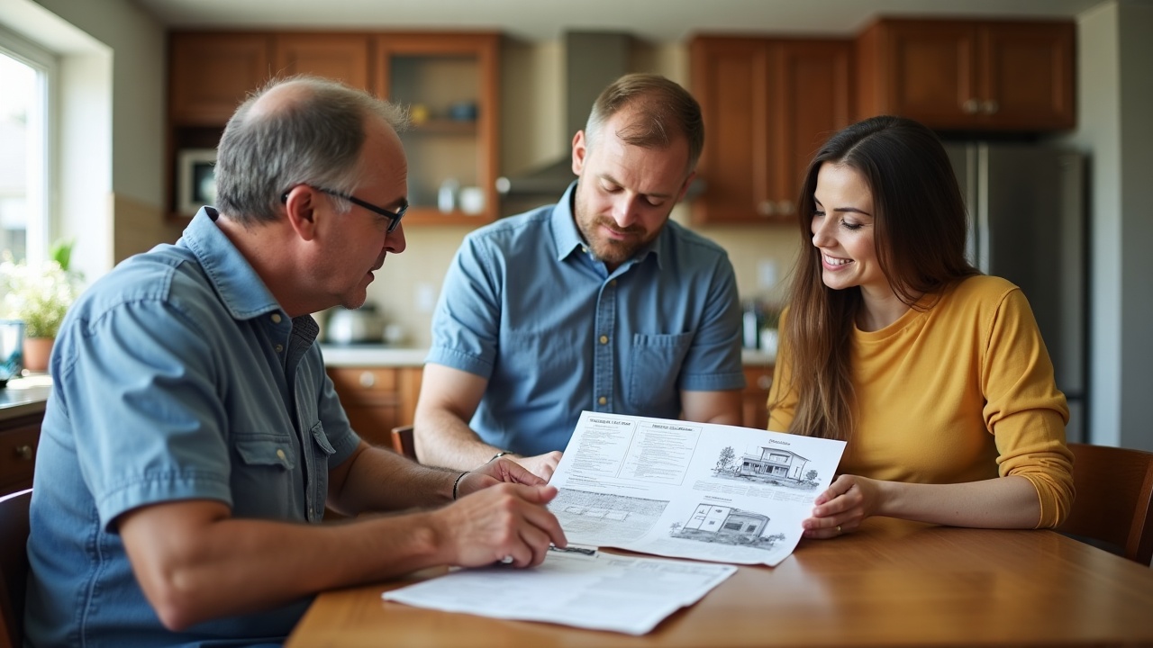 Pool contractor reviewing permit documents and diagrams with homeowner at kitchen table, illustrating the importance of compliance discussions before installation