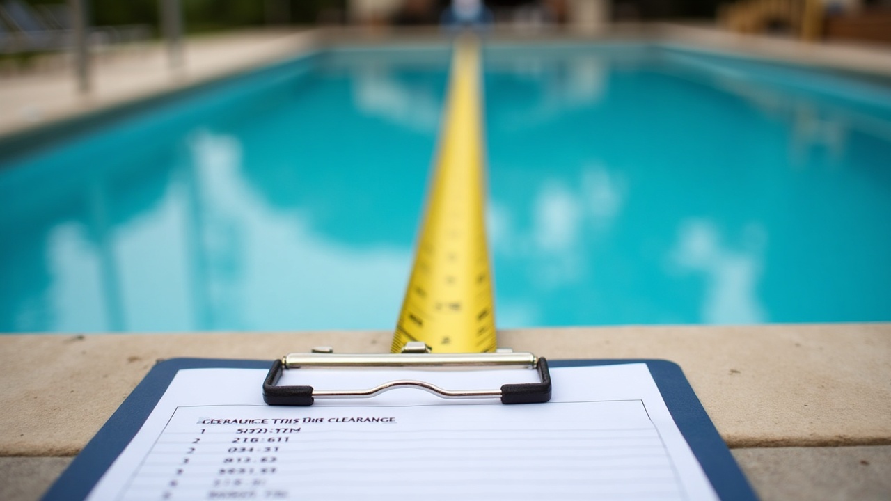 Measuring tape extended across pool deck showing clearance space, with diving board specifications visible on clipboard in foreground