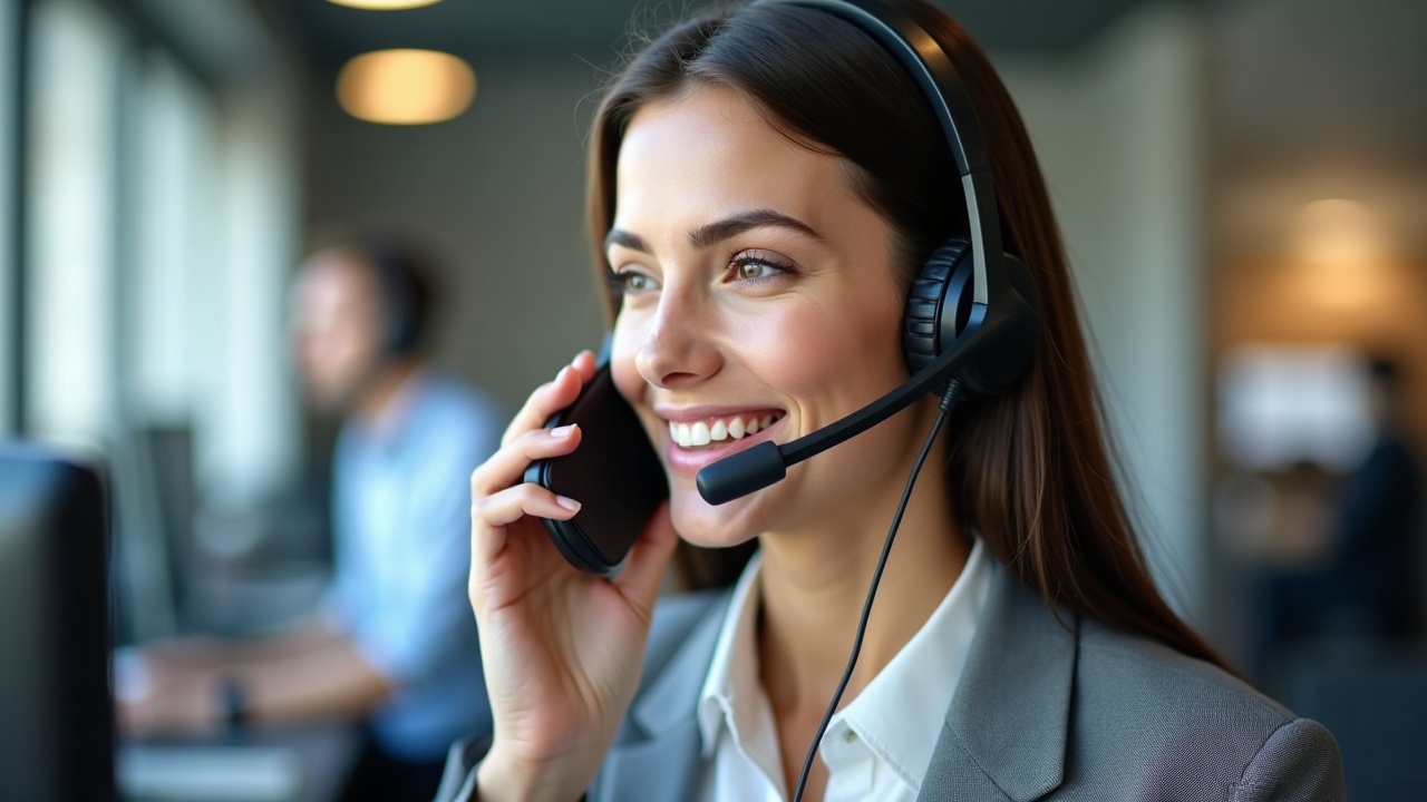 Professional office team member wearing headset answering phone call in modern workspace, representing 24/7 call coverage