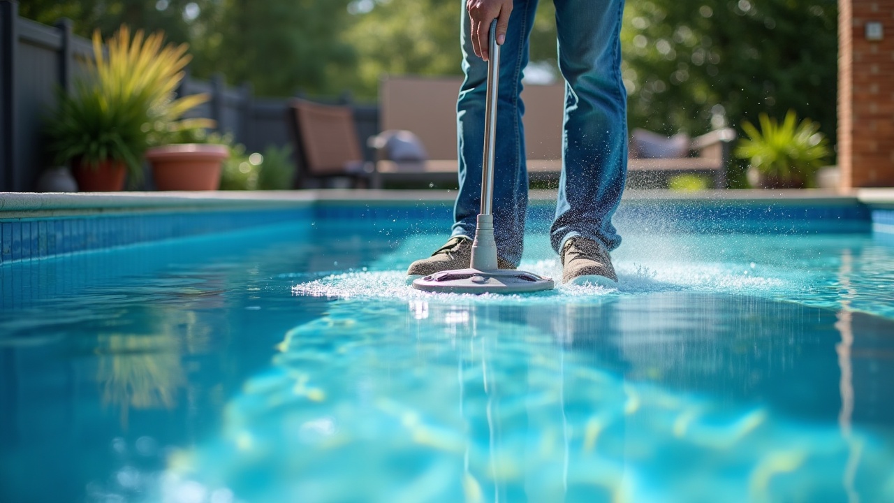 Pool technician performing acid wash treatment on drained swimming pool with visible calcium buildup and staining