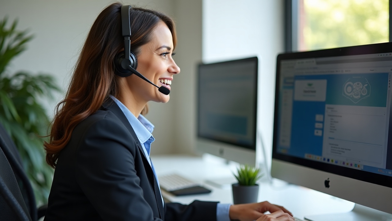 Professional woman wearing a headset at a desk with dual monitors, answering a call with a friendly smile, representing the dedicated front office team that pool service companies need to capture incoming leads