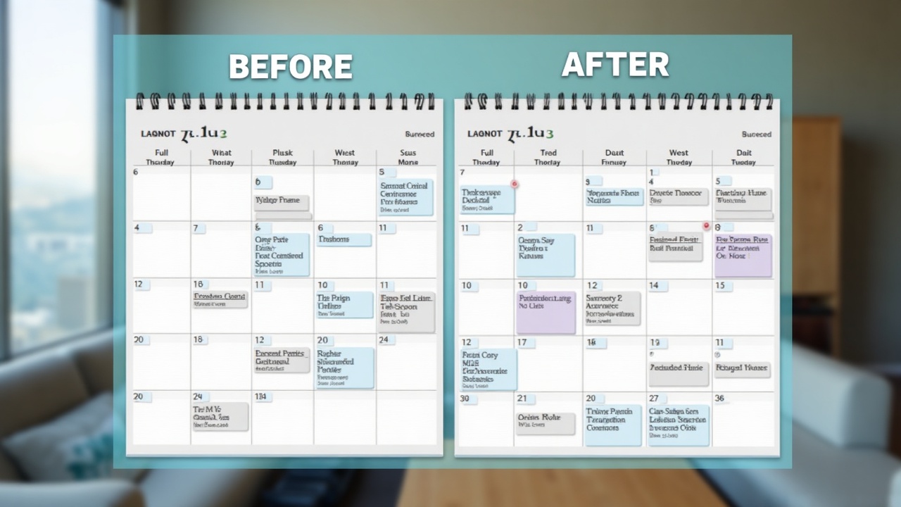 Before and after comparison showing a calendar with scattered, inconsistent bookings on the left versus a full, optimized schedule with back-to-back drain and clean appointments on the right