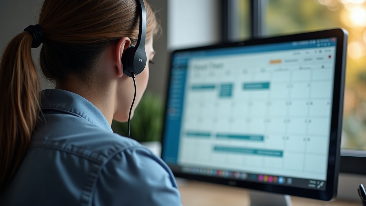 Professional office team member at a desk with headset, looking at a scheduling calendar on a computer screen, with 