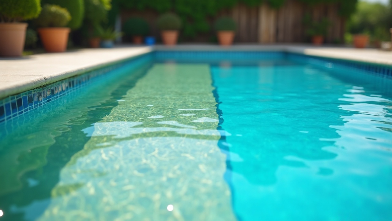 Before-and-after comparison of a swimming pool: one side showing green, neglected water, the other side showing crystal-clear blue water after drain and clean service