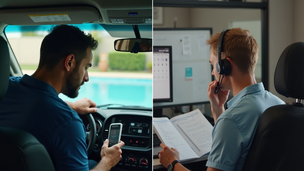Split-screen comparison showing left side: pool service truck at a job site with technician working, phone buzzing unanswered on the dashboard; right side: competitor's office team member answering phone with scheduling calendar open