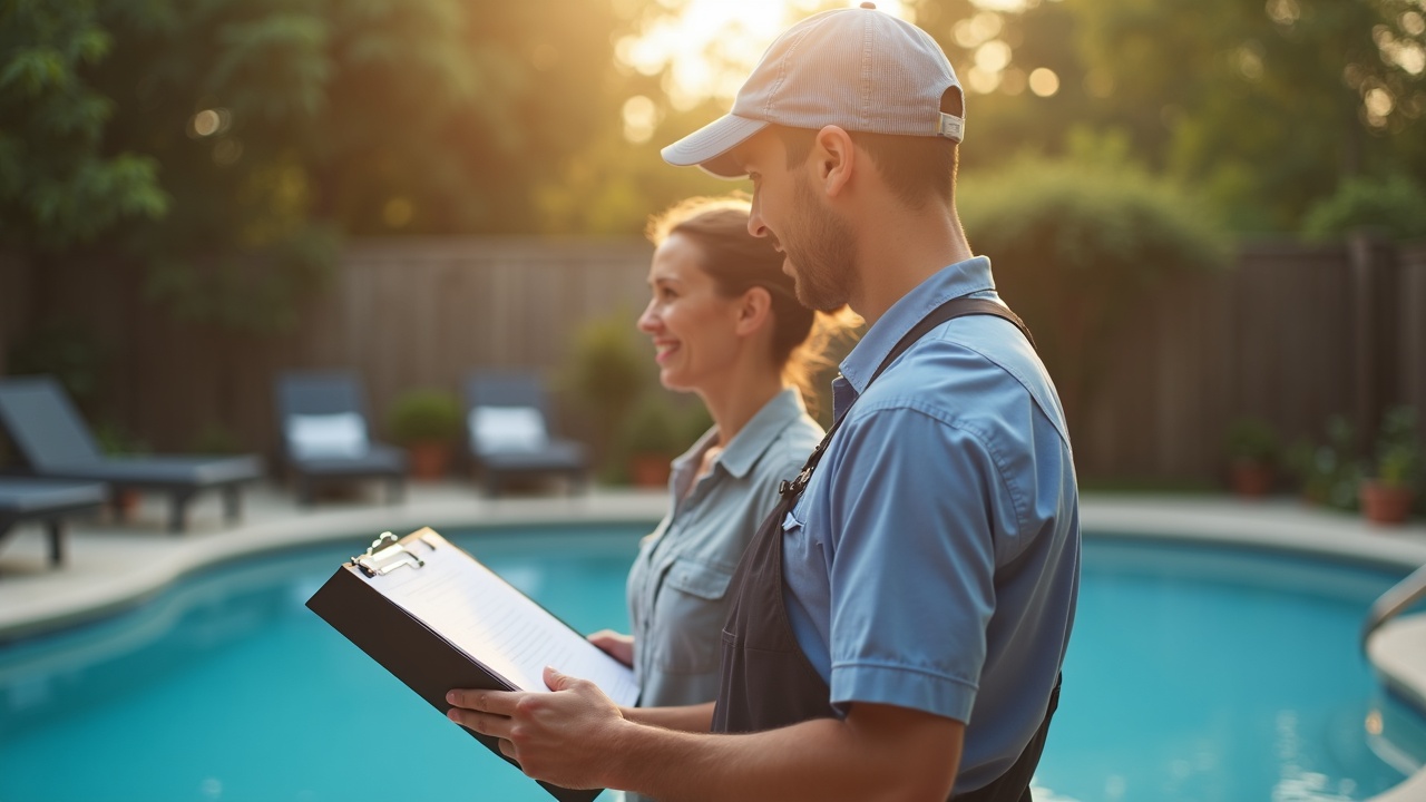 Pool service professional on site with clipboard doing assessment of a neglected pool, homeowner standing nearby looking relieved, both reviewing documentation together, late afternoon lighting