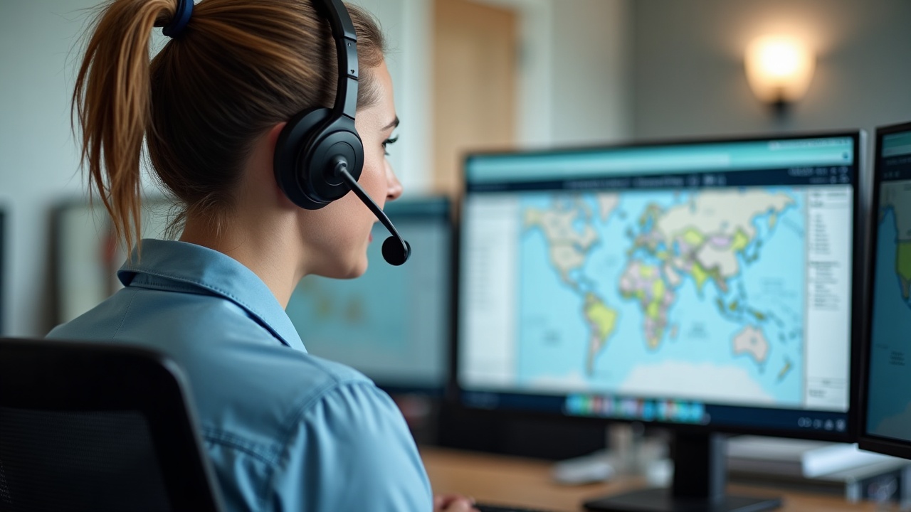 Professional phone team member wearing a headset, looking at multiple computer screens showing scheduling software, pool service maps, and customer information