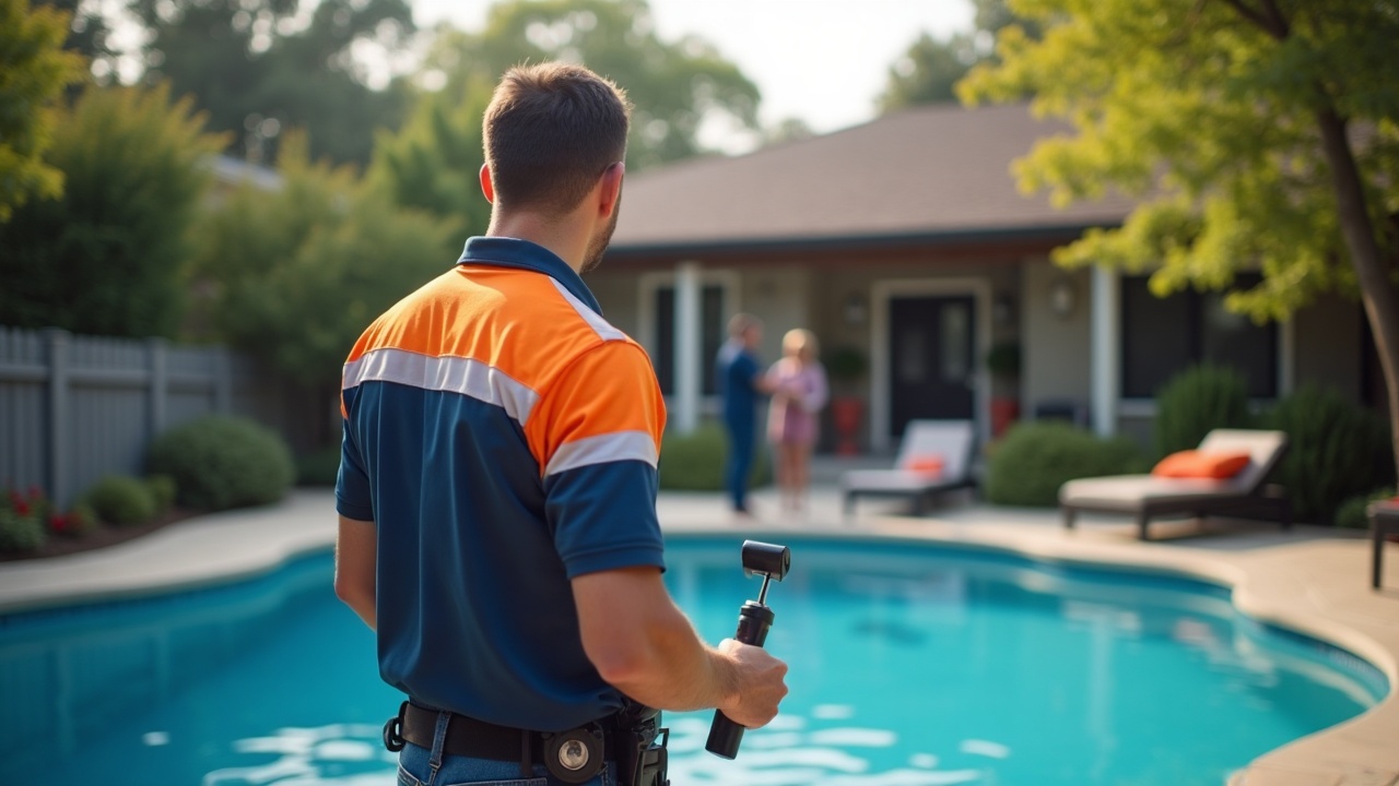 Swimming pool service technician arriving at a home with equipment, with a satisfied homeowner greeting them at the gate, showing timely emergency response