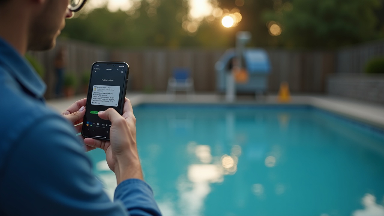 Split screen showing pool technician working on equipment on one side, and customer receiving a text message update with appointment confirmation on the other side