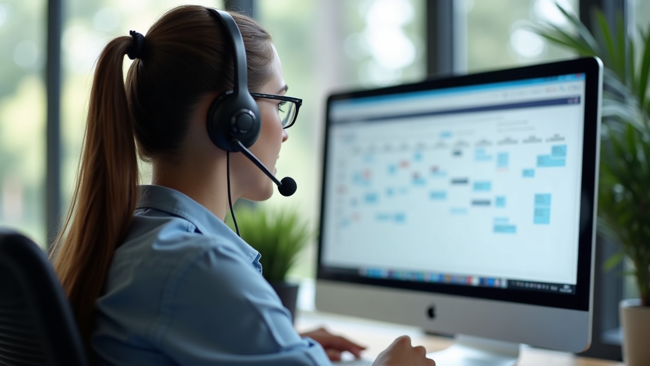 Professional office team member wearing headset, looking at scheduling calendar on computer screen with pool service appointments visible