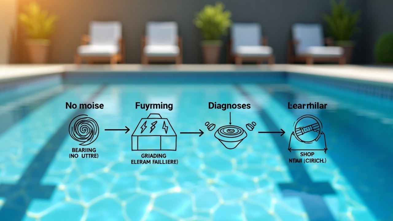 Flowchart showing common pool equipment failure symptoms on the left (no noise, humming, grinding, tripped breaker) and likely diagnoses on the right (electrical issue, capacitor failure, bearing failure, short circuit)