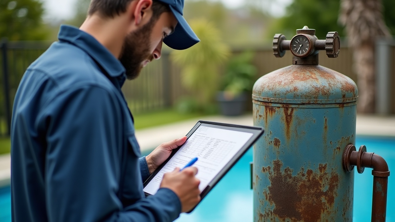 Pool service tech taking notes on a tablet next to an old, corroded pool heater with visible rust and wear, representing untapped upgrade opportunities