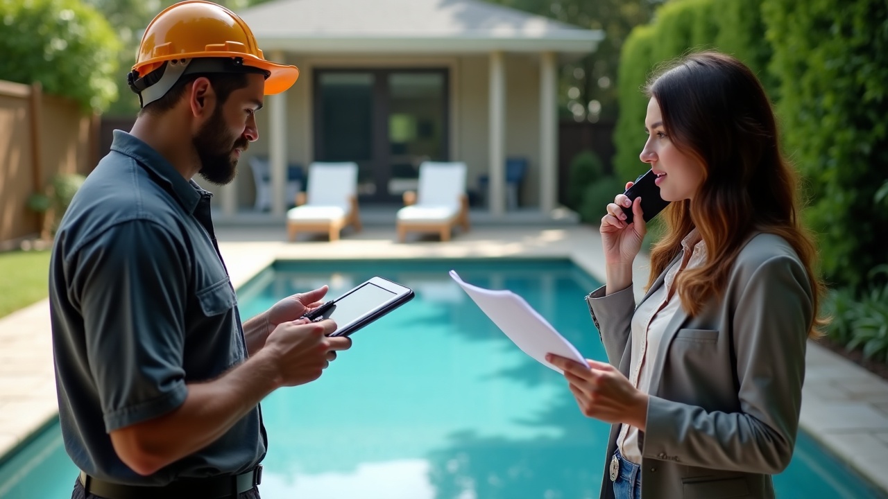 Split screen showing a pool contractor on-site taking notes on a tablet on the left, and an office team member on the phone with paperwork on the right