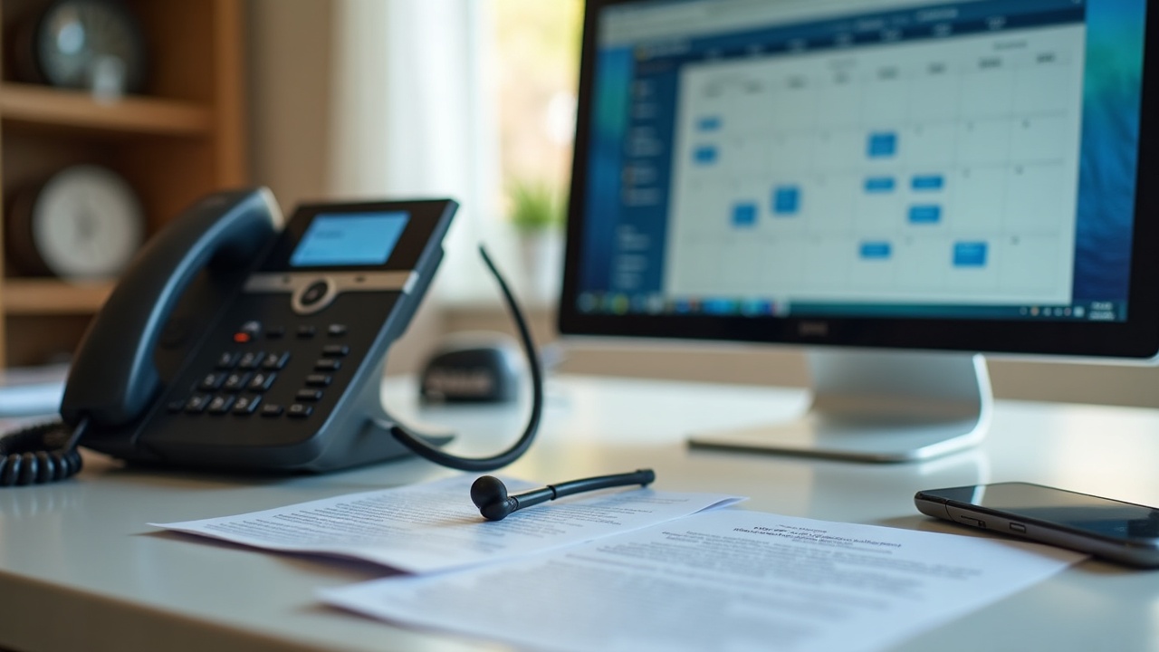 Close-up of a desk phone with a headset, computer screen showing a calendar with follow-up appointments, and pool service paperwork