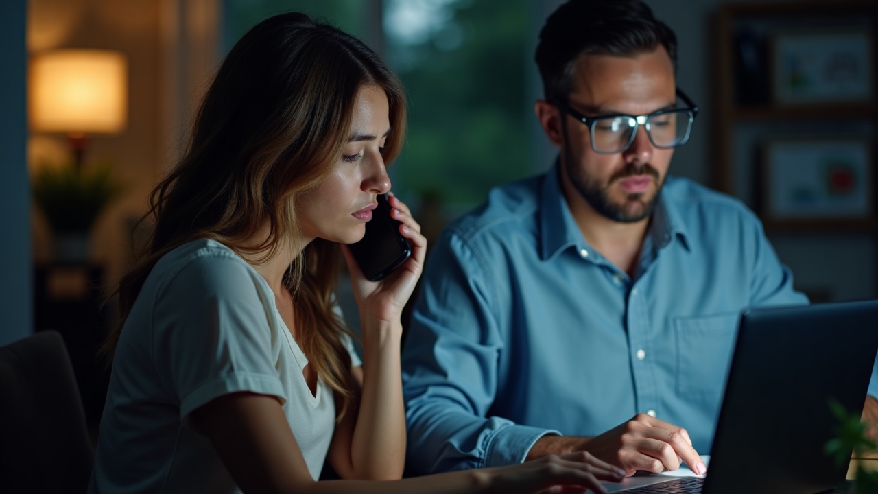 Split screen showing frustrated homeowner on phone at night next to pool company owner reviewing full appointment calendar the next morning