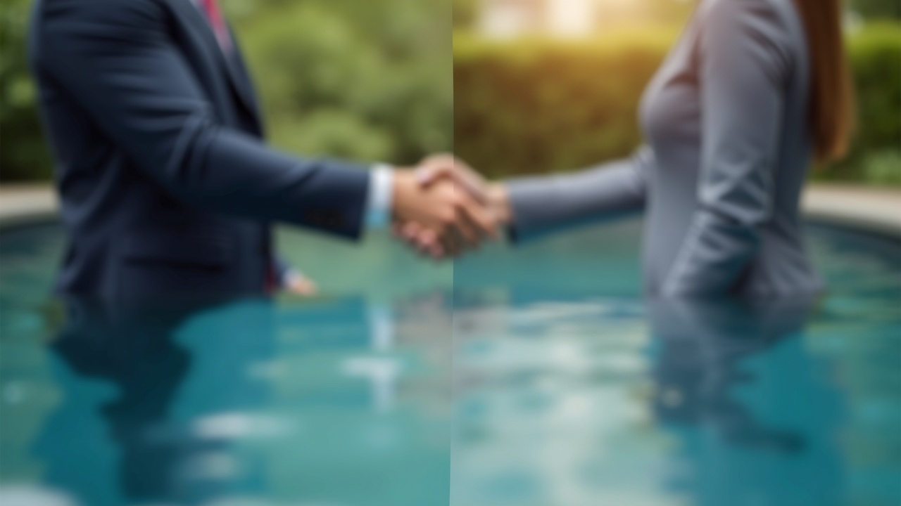 Split-screen comparison showing a missed call notification with a pile of voicemails on one side, and a customer shaking hands with a competitor at their pool on the other side