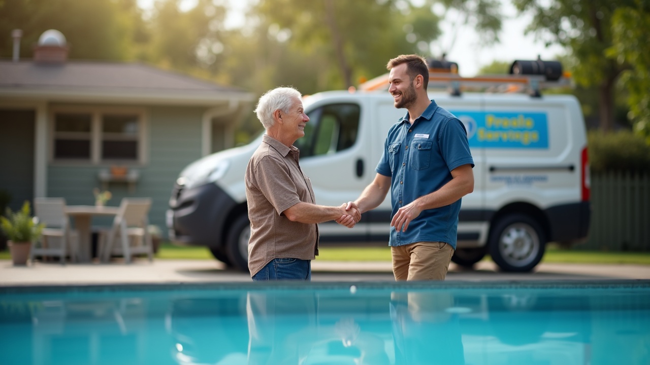A pool service truck parked at a residential home with the technician shaking hands with a smiling homeowner in their backyard by the pool