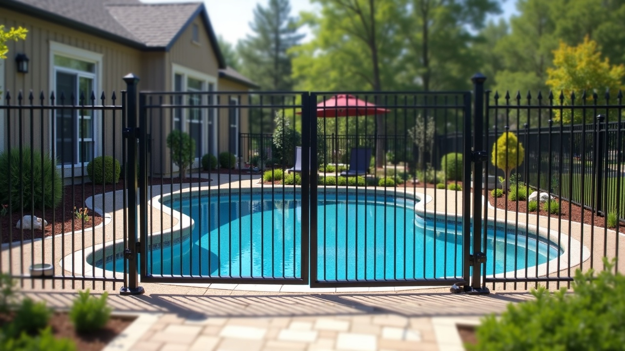 Side-by-side comparison of mesh pool fence and ornamental aluminum fence around residential pool with automatic gate
