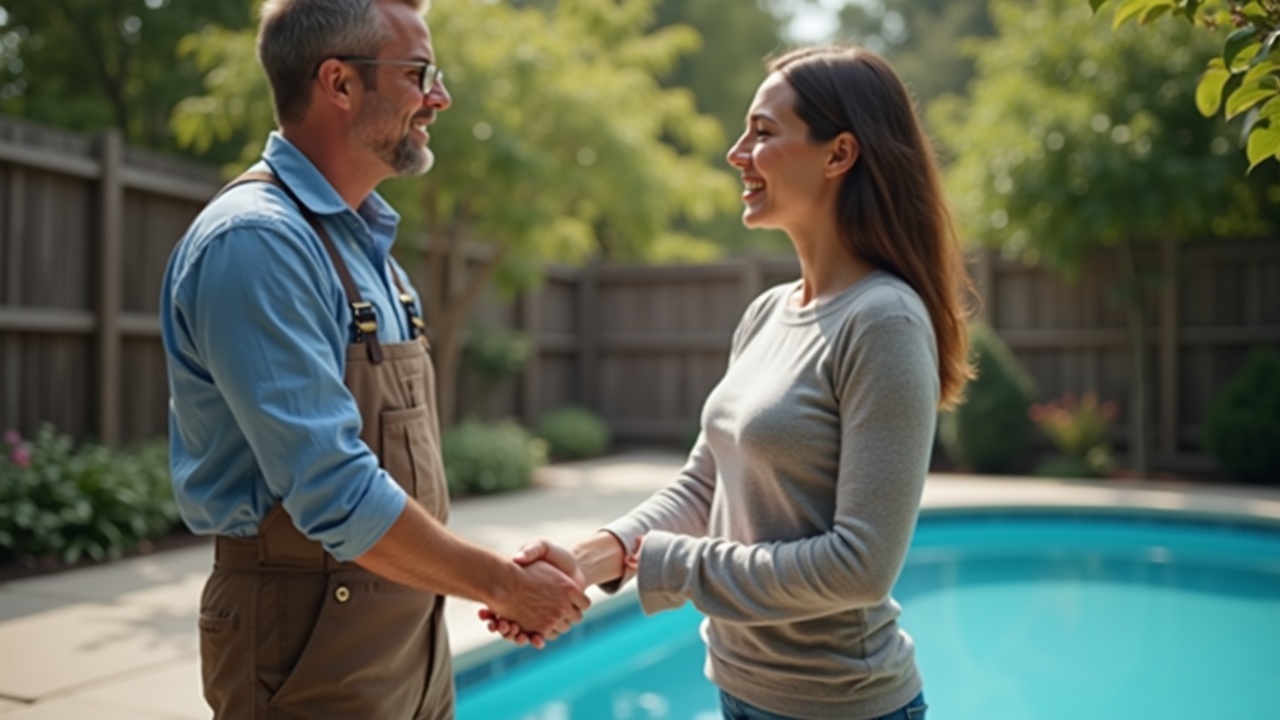 Pool contractor shaking hands with homeowner in backyard, completed pool and newly installed safety fence visible in background