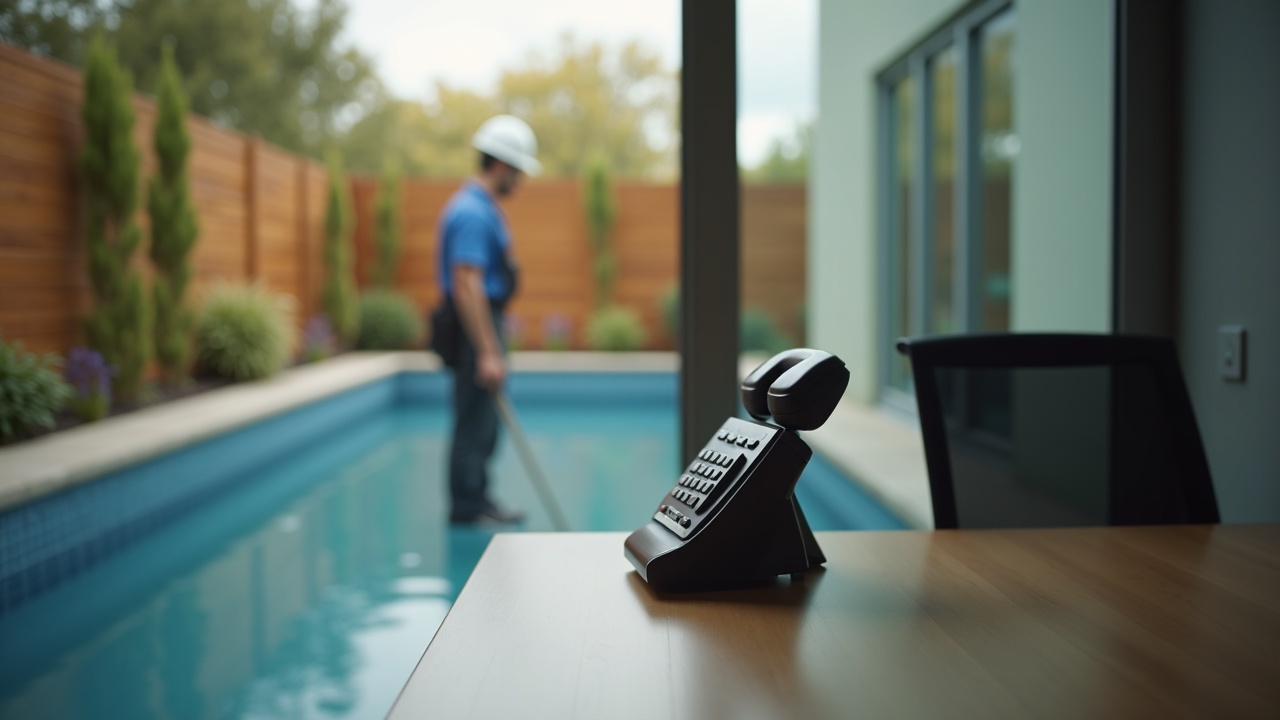 Split image showing a pool installer on a job site during the day and a phone ringing unanswered on a desk in an empty office
