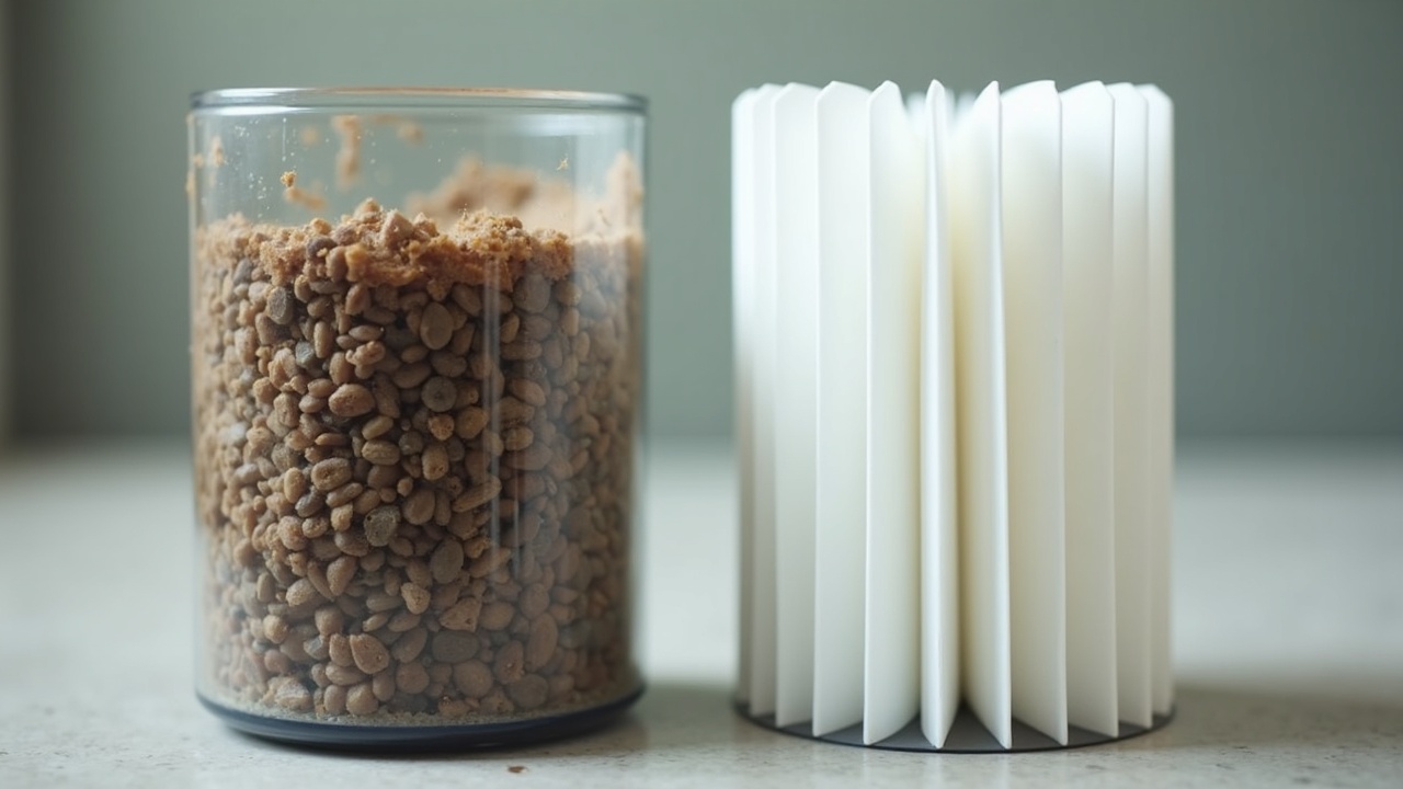 Side-by-side comparison of a clogged, dirty filter cartridge and a clean, white replacement cartridge with visible pleats