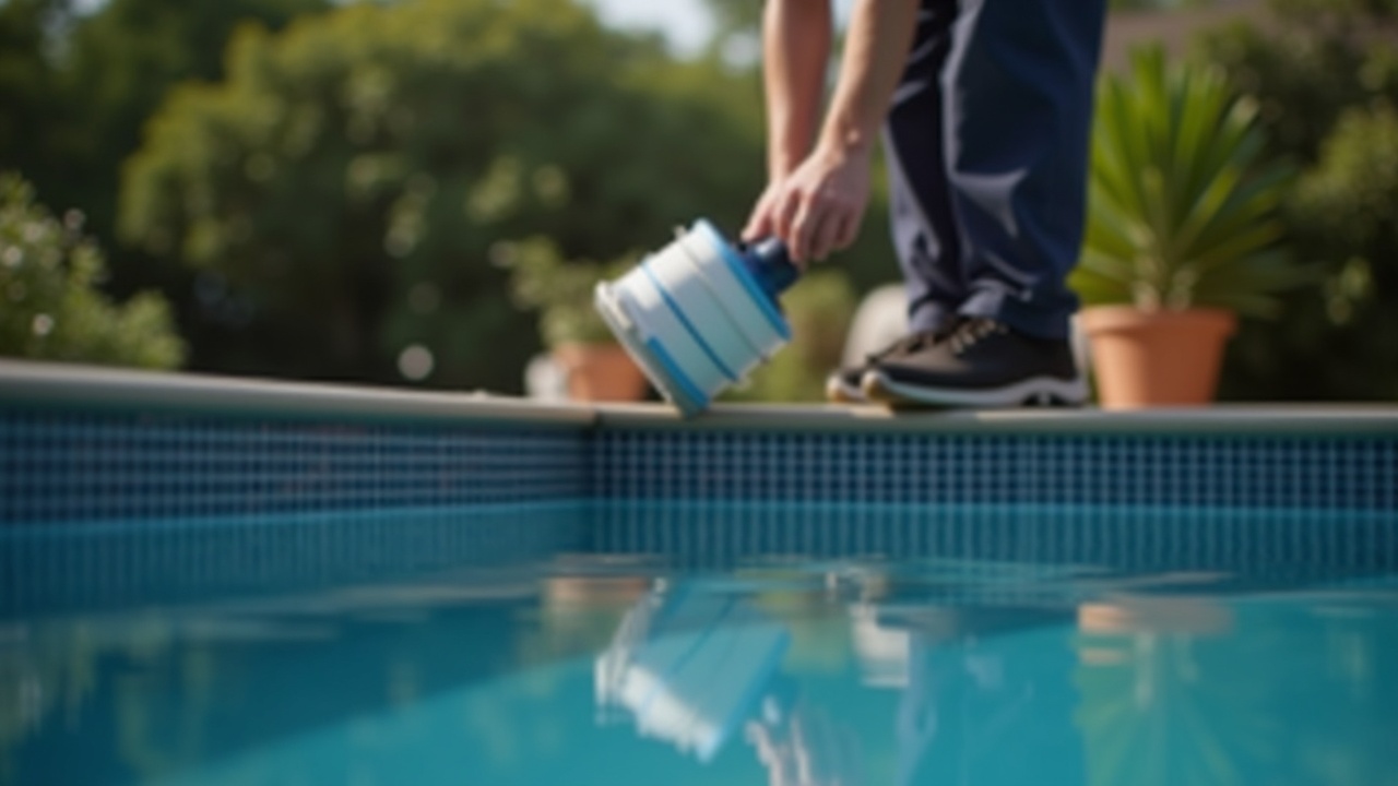 A pool service technician installing a new filter cartridge while a homeowner watches approvingly in the background