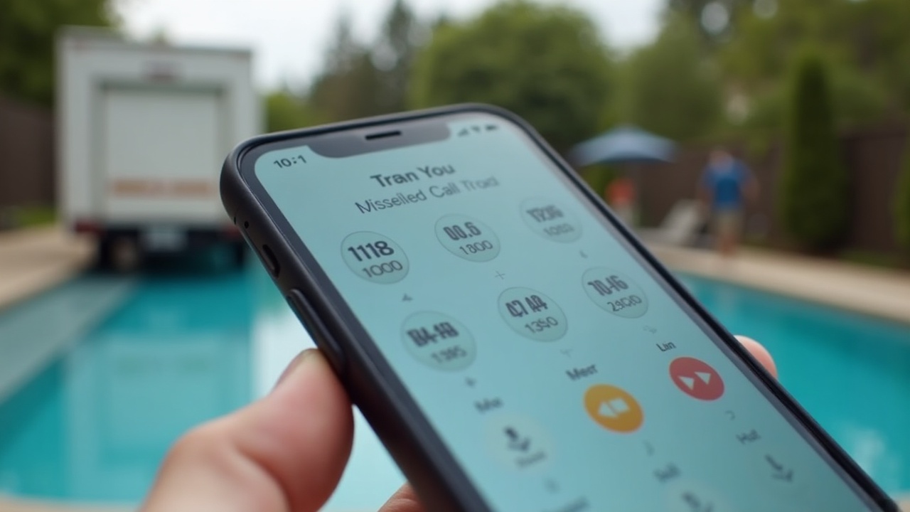 Close-up of a smartphone showing multiple missed call notifications from different phone numbers, with a blurred pool service truck in the background