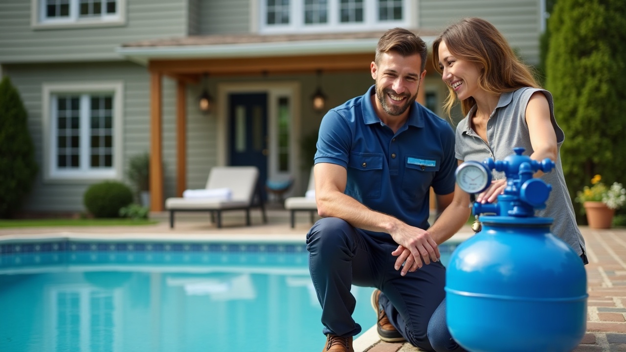 Professional pool technician in company uniform kneeling beside a clean, properly assembled pool filter system, showing a satisfied homeowner a pressure gauge reading