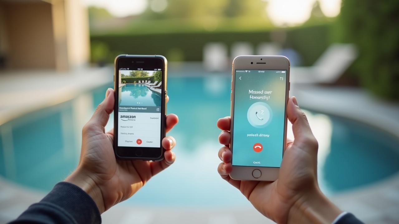 Split-screen comparison showing a smartphone with Amazon's quick checkout process on one side and a missed call notification on a pool company's phone on the other