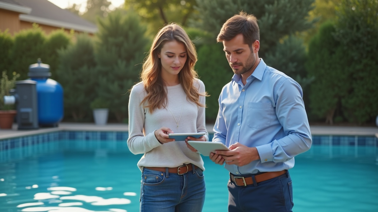 A pool service professional showing a homeowner a maintenance plan on a tablet while standing next to a newly installed pool filter